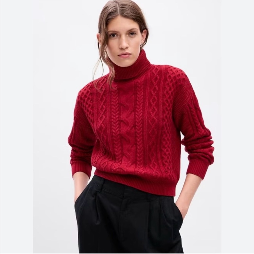 NWTS Women’s Gap Cozy Cable Knit Cropped Cotton Turtleneck Sled Red Size M Tall